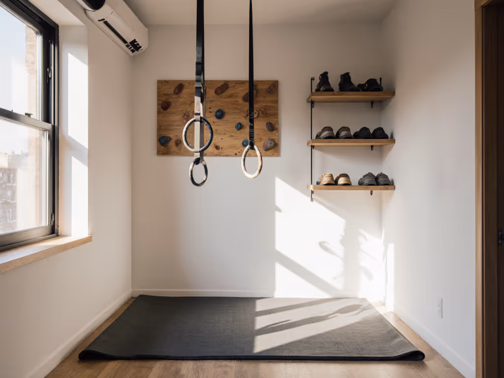 small_apartment_corner_with_hangboard_rings_and_mat_set_up_for_quiet_indoor_climbing_training