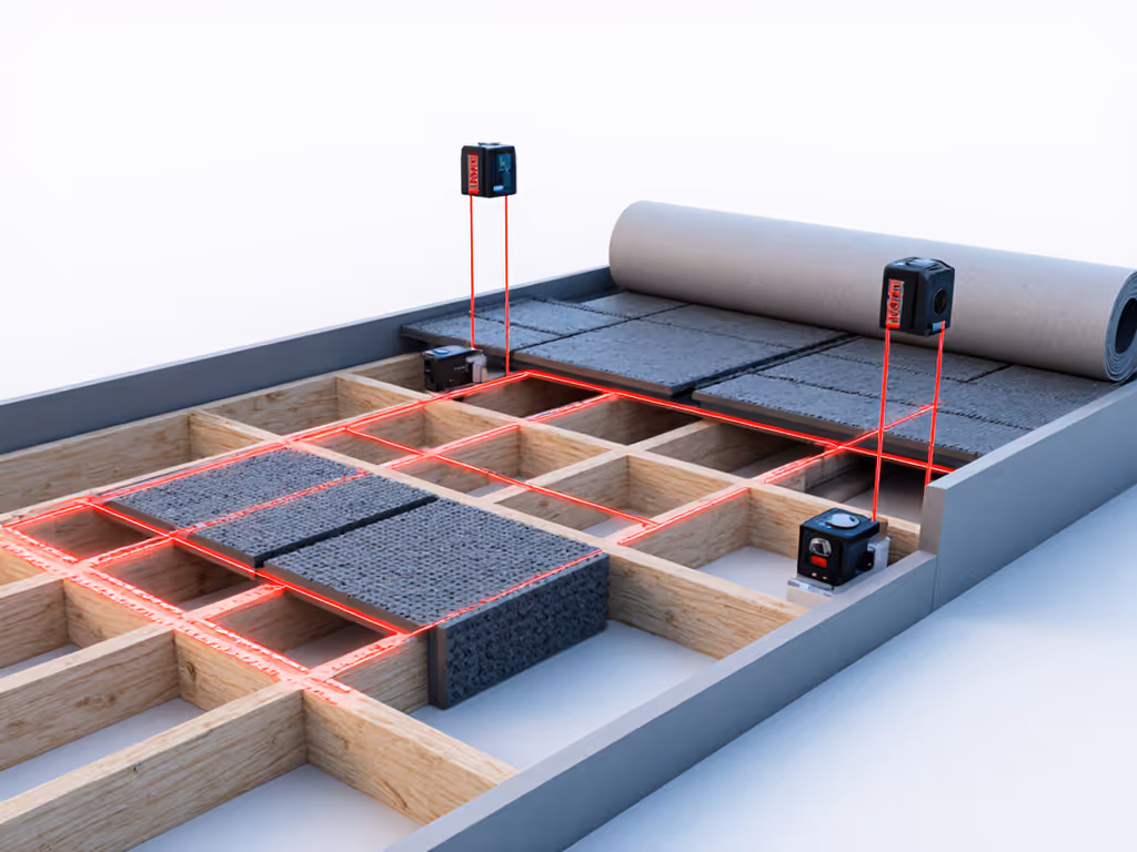 home_gym_flooring_vibration_test_setup_showing_laser_sensors_on_joists