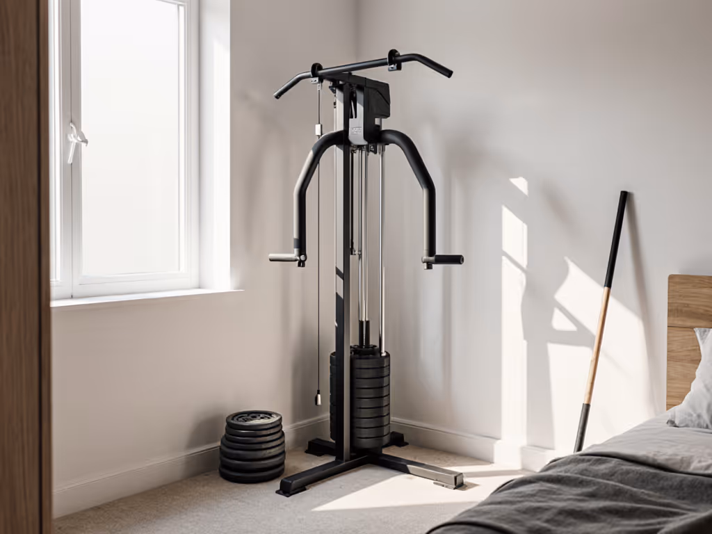 home_gym_cable_trainer_in_corner_of_small_bedroom_with_barbell_and_plates