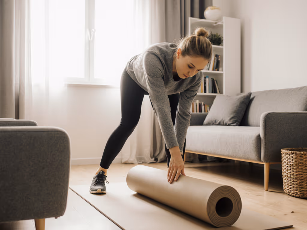 person_rolling_up_yoga_mat_in_small_apartment_living_room